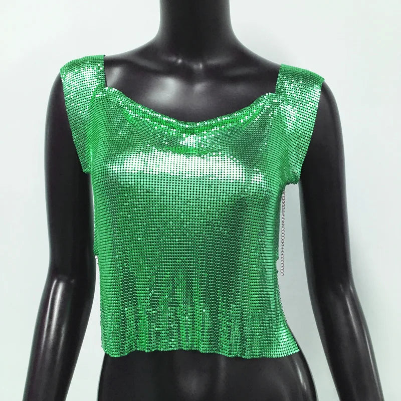 Women Metal Sequins Crop Tops Sexy Hollow Out Sleeveless Backless Y2k Tank Tops Nightclub Party Rave Festival Camisole 2023 New