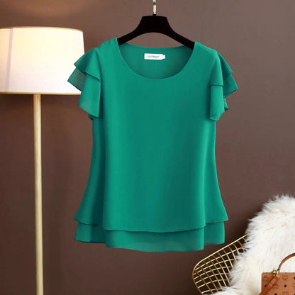 Fashion Brand Summer Oversized Loose and Thin Casual Blouse Top Short Sleeve Chiffon Top White Blouse Green Women’s Tops M-6XL