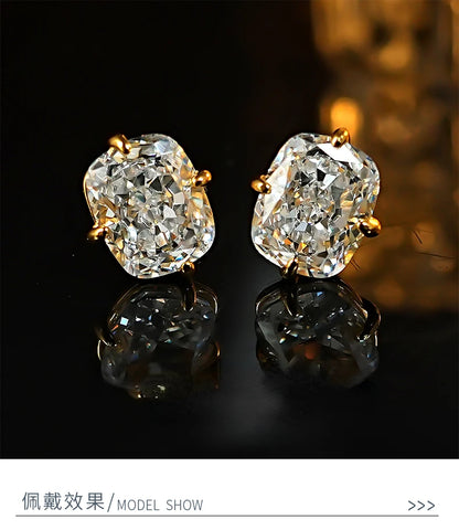 Light luxury 8 * 10 crushed ice cut 925 silver ear nail inlaid with high carbon diamond fat rectangular temperament for women