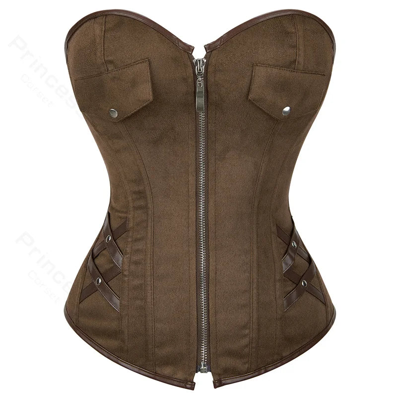 Steampunk Corsets for Women V-neck Gothic Corset Jacquard Corset Vest Cosplay Costume Pirate Corset Brown Black
