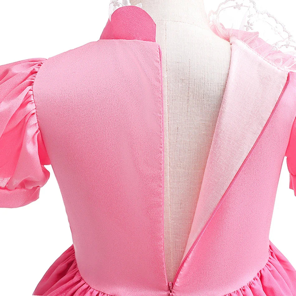 Fantasia de Princesa Pêssego com Luz LED Colorida para Aniversário de Criança Jogo de Roleplay Vestido de Menina para Halloween Festival Rosa Renda 2-9 Anos C