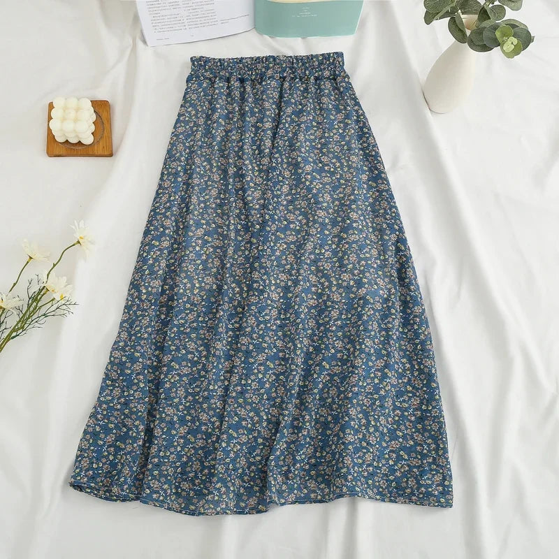 Women's Summer Skirts Vintage Floral Printed Chiffon Skirts High-waisted Elastic Waist Relaxed Mid-length Skirts Beach Skirts