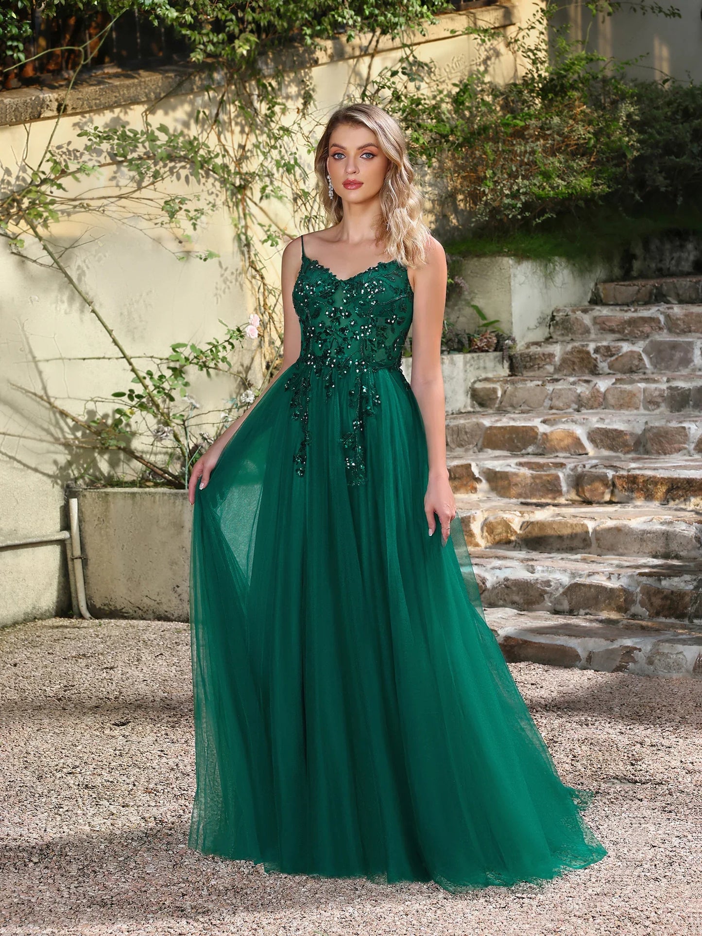 Sequins Lace Green Tulle Prom Dresses 2025 Sexy Spaghetti Straps Side Slit Evening Dress for Wedding Guest Party Dress