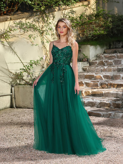 Sequins Lace Green Tulle Prom Dresses 2025 Sexy Spaghetti Straps Side Slit Evening Dress for Wedding Guest Party Dress