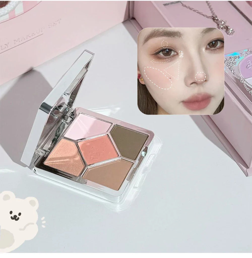 7PCs Multipurpose Makeup Sets Include 3 Matte Lip Mud,1 Pressed Powder,1 Blush,1 Eyes Palette And Necklace Cosmetics