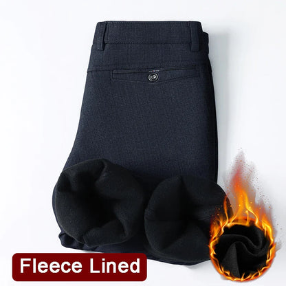 Men's Fleece Lined Suit Pants Business Casual Loose Straight Black Formal Dress Pants Navy Blue Thick Warm Trousers