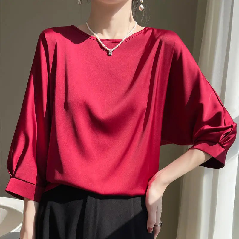 2026 New In Summer Satin Silk Half-Sleeve Tee Tops Basic Solid Women‘s T-Shirt Casual O-neck Thin Shirts Ladies Loose Blouses
