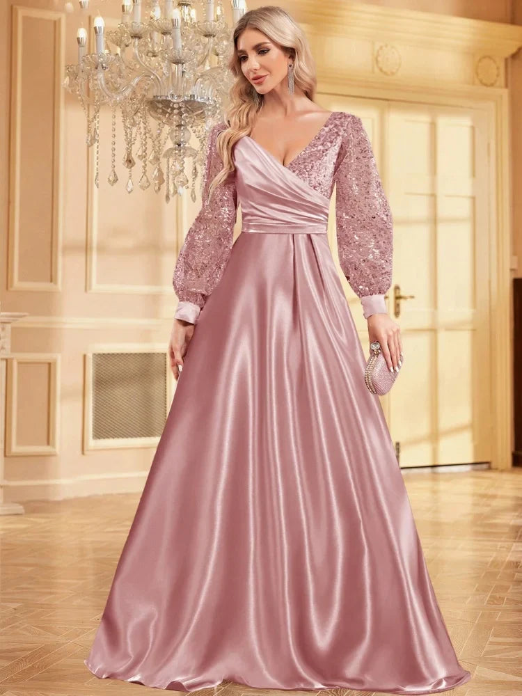 Luxury Blue V-Neck Sequin Evening Dress 2024 Elegant Women Party Maxi Dress Long Sleeve Cocktail Dress Prom Gown