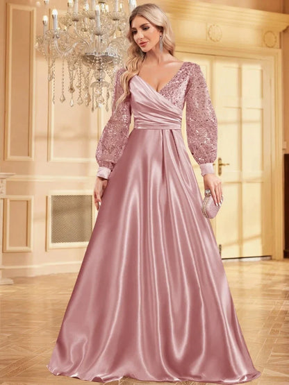 Luxury Blue V-Neck Sequin Evening Dress 2024 Elegant Women Party Maxi Dress Long Sleeve Cocktail Dress Prom Gown