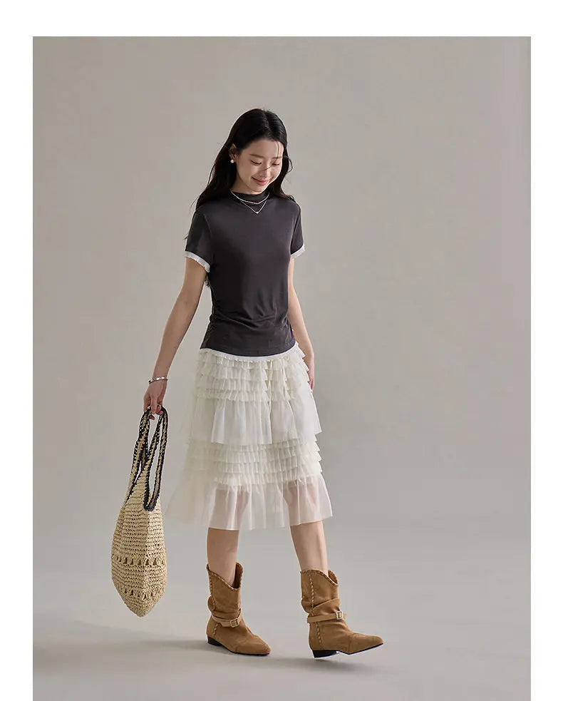 Korean Style Lace Elastic Waist Cake Skirt Mesh Puffy Skirt Women's Dress Knee Length Casual A-Line Skirt Micro Stretch No Slit