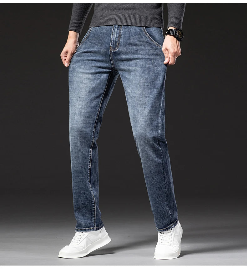 New Autumn and Winter  Plus Size 40 42 44 Men Straight Loose Jeans Business Fashion Denim Stretch Pants Male Brand Trousers