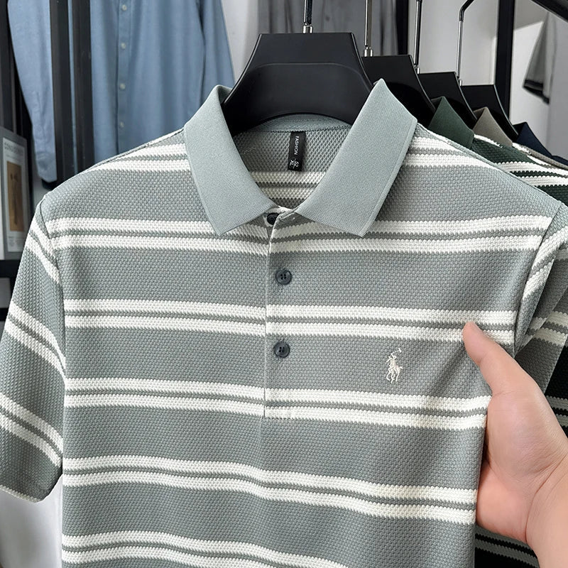 2026 New Men's Summer Short Sleeved Lapel Striped Polo Shirt, Business Casual Cool T-shirt