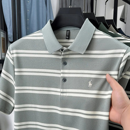 2026 New Men's Summer Short Sleeved Lapel Striped Polo Shirt, Business Casual Cool T-shirt
