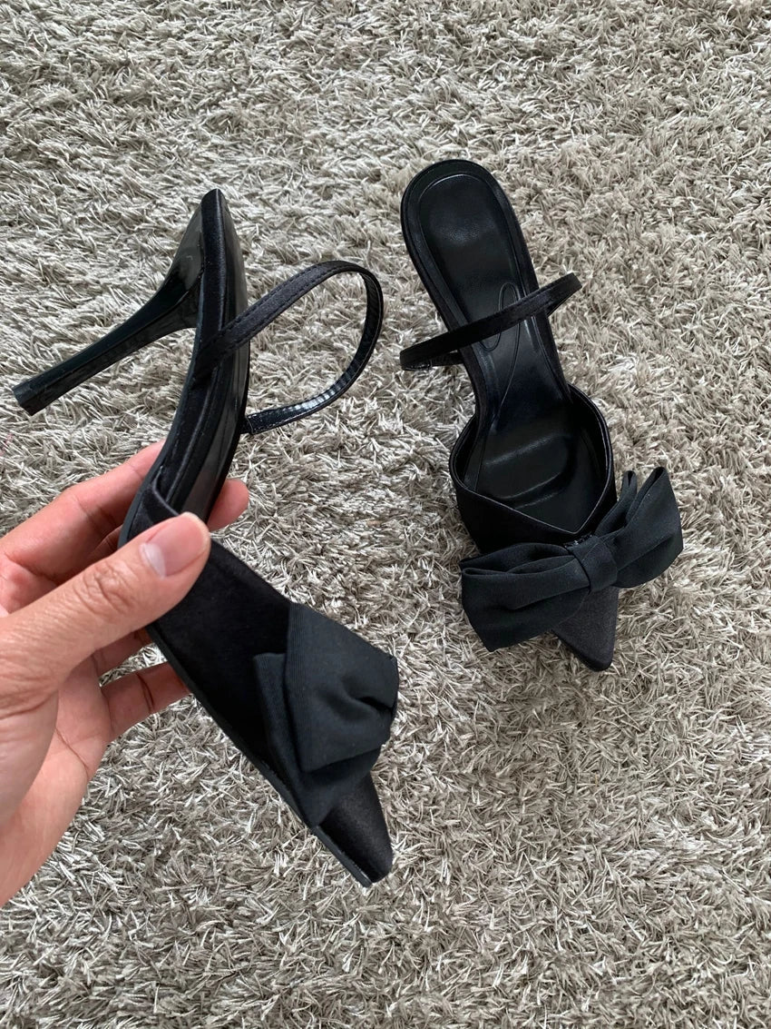 Black Butterfly-knot Stiletto Pumps 2025 Women Pointed Slingbacks High Heels New Sexy Fashion Party Lady Sandals Shoes