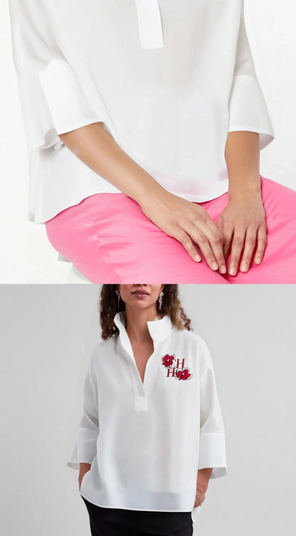 Women's T-shirt 2025 New White Cotton Top 3/4 Sleeves Simple