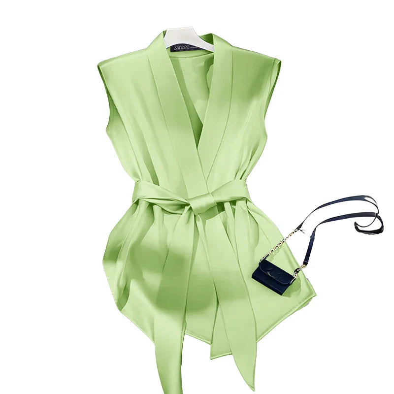 Women Shiny Satin Blouses Elegant Wrapped V-Neck Sleeveless Tops 2025 Summer Office Commuting Belted Party Blusas Mujer