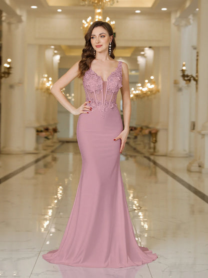2025 Womens Mermaid Evening Dresses V-Neck Pearl Lace Appliques Straps Illusion Backless Prom Dress Train Wedding Bridal Vestido