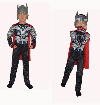 Halloween Carnival Clothes for Children Kids Thor Muscle Costume Superhero Thor Cosplay Muscle Costume Jumpsuit Mask Performance