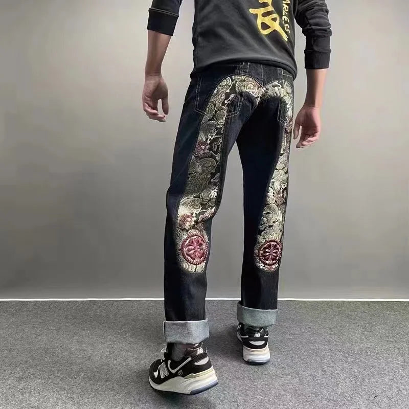 Men's Japanese Handmade Embroidered Cotton Jeans Straight Tube Slim Fit Hip-Hop Trousers Red Ear Detail Devil Big M Golden Text