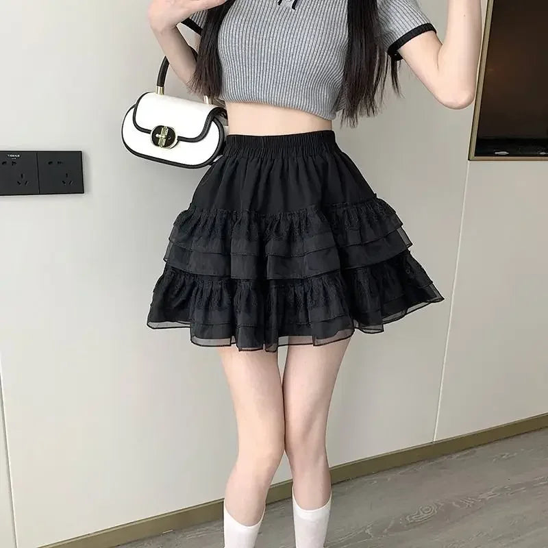 Black White Ruflles Mini Skirt for Women Elastic Waist Tiered Lace Tulle Skirts Shoujo Giris Y2K Kawaii Lolita Style