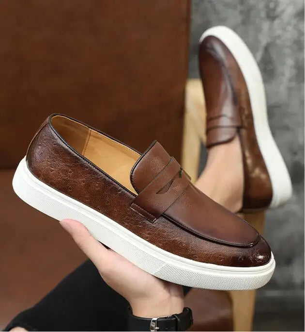 Fashion Men's Casual Shoes Snakeskin Grain Leather Men Retro British Style Loafers Monk Shoes Mens Slip-on Outdoor Driving Flats
