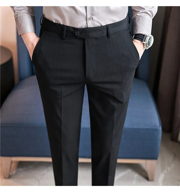 Men's Slim Fit Pinstripe Dress Pants, Stretch Comfort and Thickened Fabric for Business Casual Office Wear