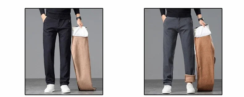 Fleece Men's Casual Pants 2025 Winter New Soft Fashion Business Velvet Slim Trousers Stretch Thick Classic Plush Male Pants