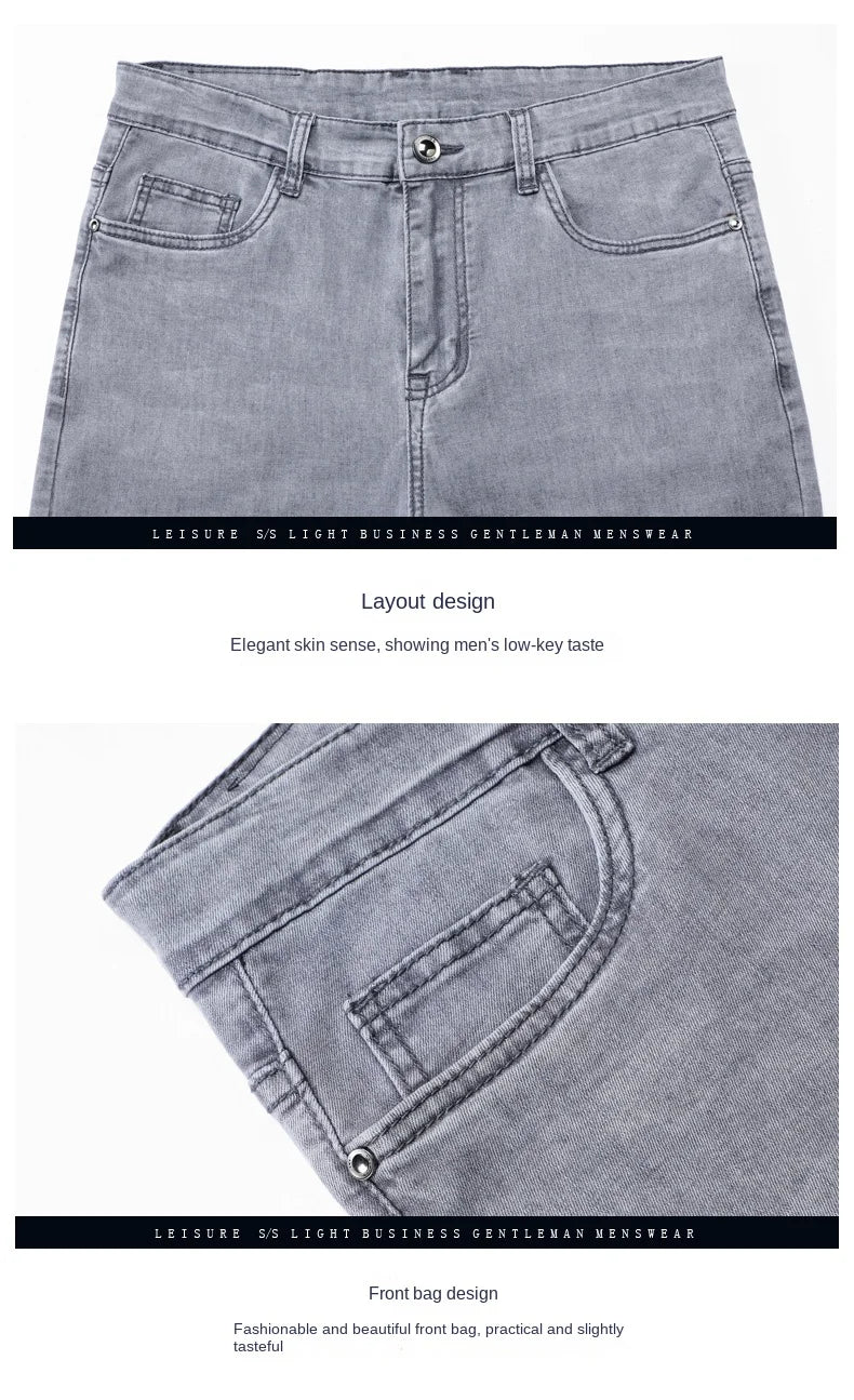 2026 Brand Thin or Thick Material Straight Cotton Stretch Denim Men's  Business Casual High Waist Light Grey Blue Jeans