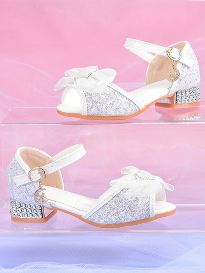 Girls' Crystal Heel Bowknot Dress Sandals, White Sparkly Princess Party Shoes For Children