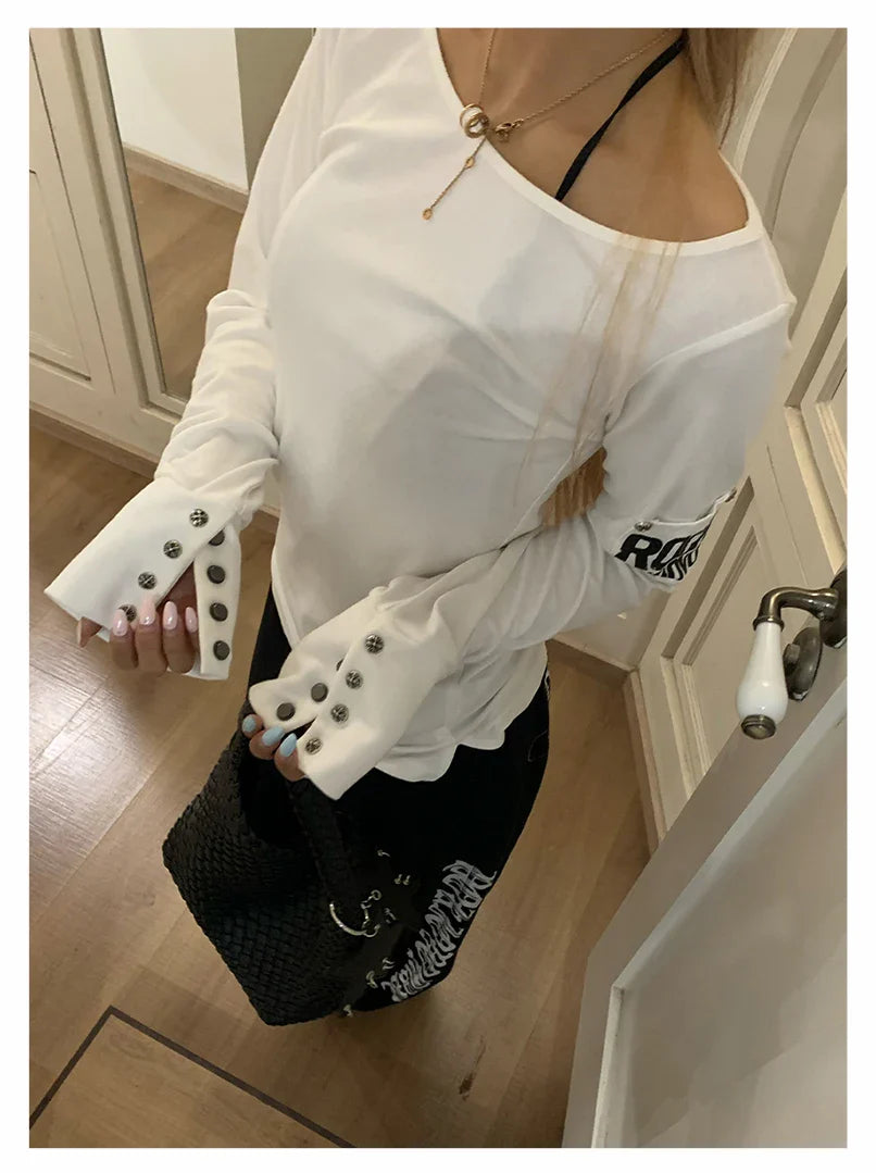 American Retro Print T-shirt Women Long Sleece Button Graphic Tops Y2k Tops 2000s Japanese Grunge Tops E-girls Autumn