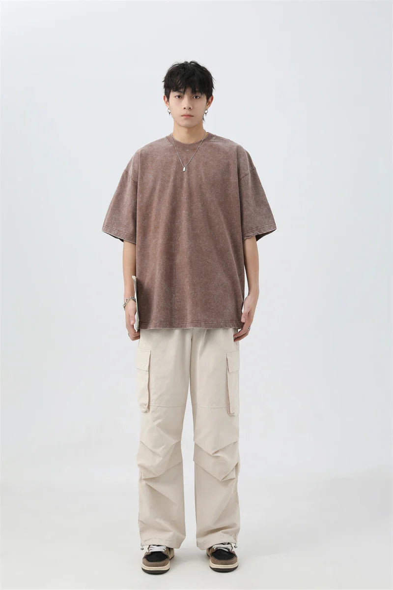 Japanese Korean Style Stir Fried Snowflake Washed T-Shirts Men Women Cotton Heavyweight Summer Hip Hop Streetwears Short Sleeved