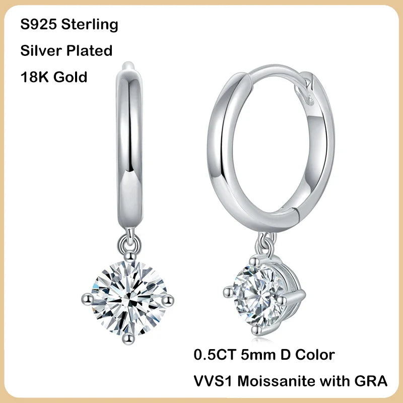 100% Real 0.5 Carat 5mm D Color Moissanite Diamond Drop Earrings Women’s S925 Silver Plated 18K Yellow Gold Tassel Earring
