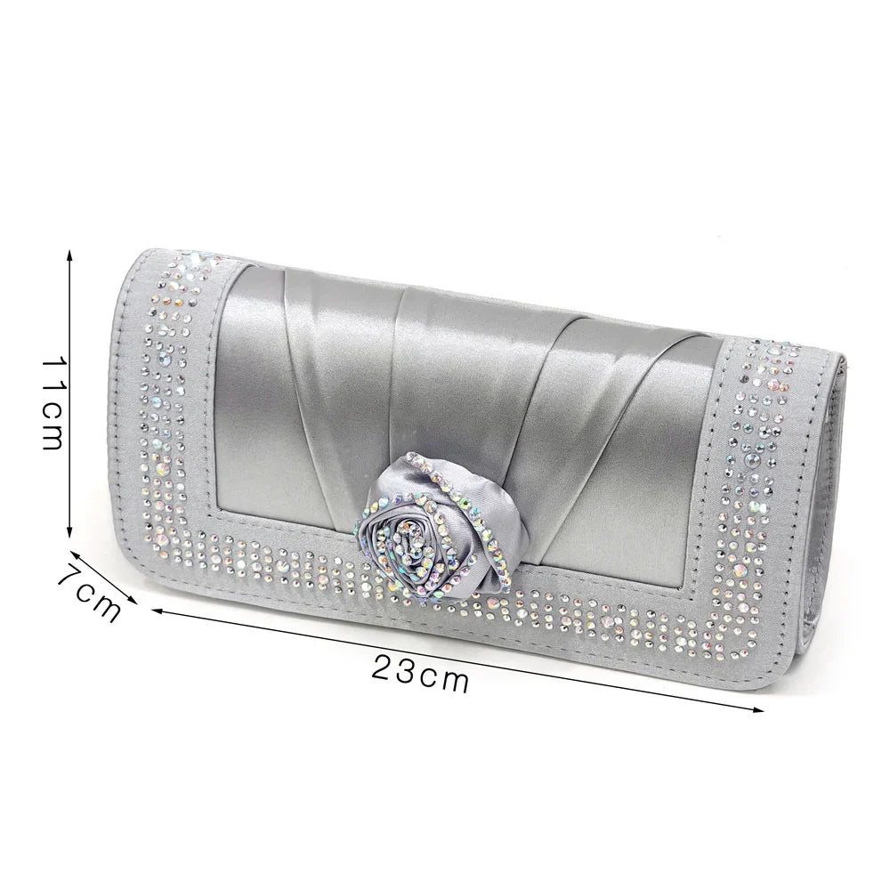 Sparkling Rhinestone Rose Pumps With Medium Heel for Nigerian Women's Party, Pointed Toe Shoes and Matching Bags