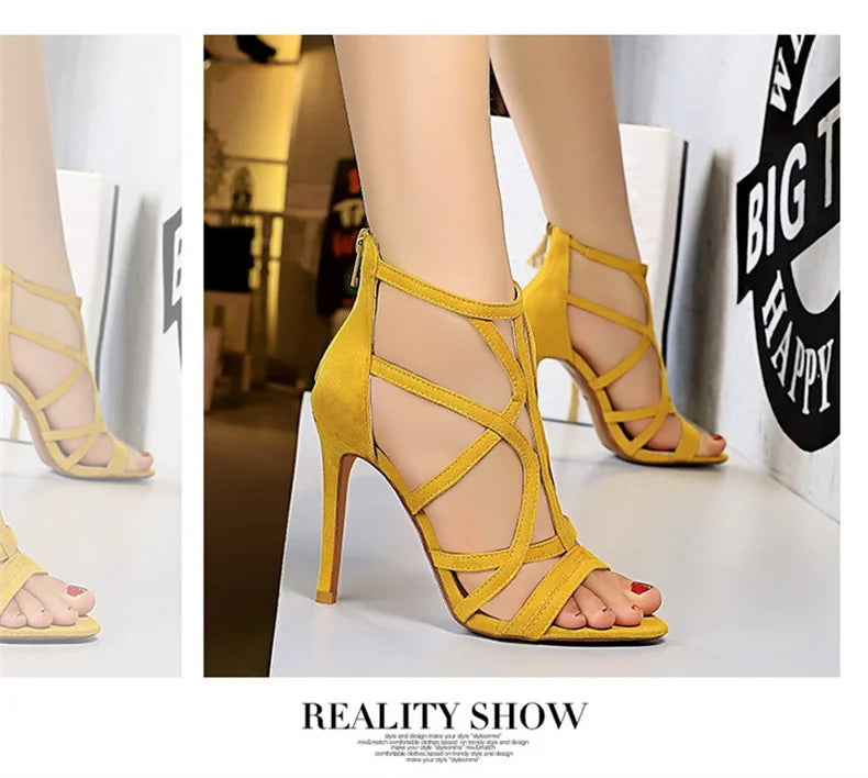 Women Roman Style Thin High Heels Pumps Pointed Toe Suede Hollow Strap Party Shoes Solid Ankle Zip Summer Sandals