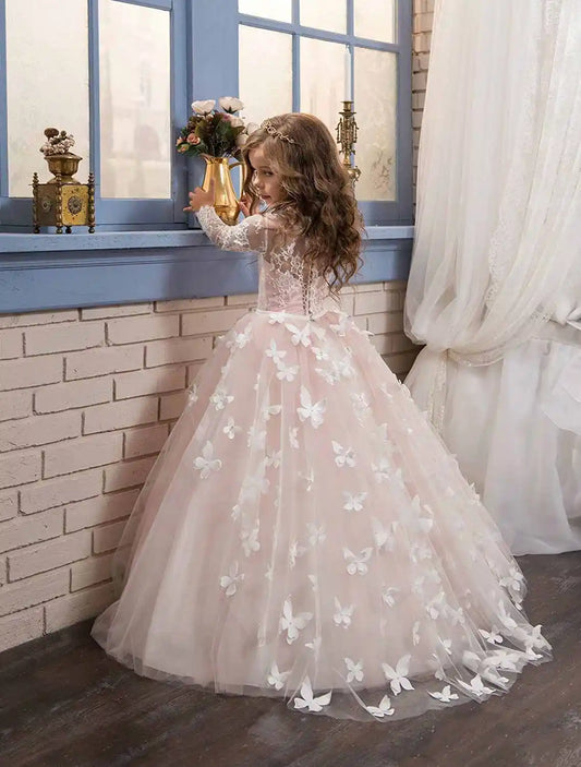 Elegant and lovely butterfly floor mopping flower girl wedding dress, lace long sleeved ball dress