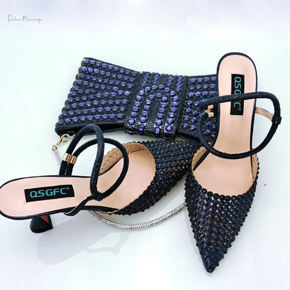Navy Blue New Design Envelope Matching Shoulder Bag & High Heels Set Nigerian Fashion Ladies Party Daily Commute Shoes Bag