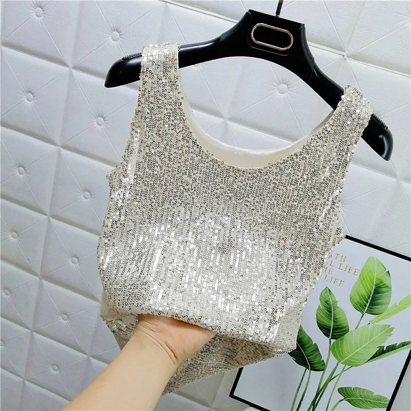 Sparkling Sequins Round Neck Vest Women's Outer Wear 2022 Summer New Bright Silk Fashion Glitter Bottoming Shirt Suspender Top