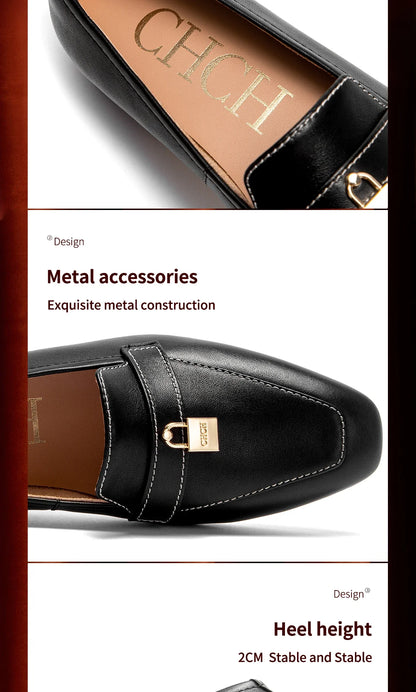 Women's Leather Loafers with Gold Lock Detail Square Toe Low Heel Penny Casual Office Slip-On Dress Shoes for Woman