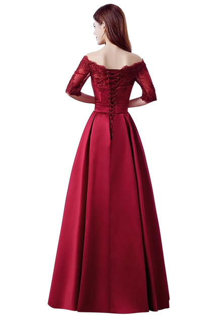 Luxury Lace Appliques Evening Dresses Elegant Satin A Line Embroidery Lace Up Prom Gowns Formal Party Vestido De Gala For Bride