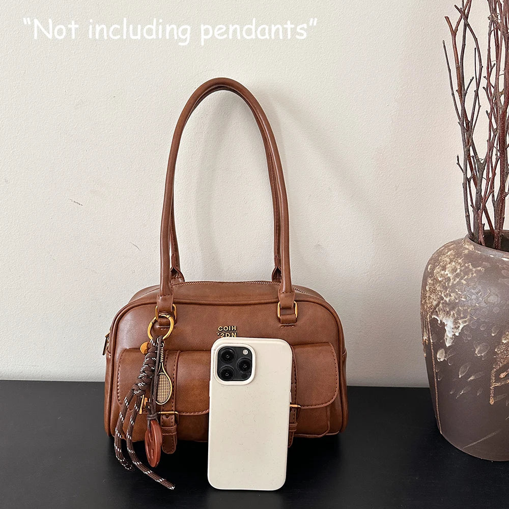 Women's Retro Solid Color Pu Leather Shoulder Bag with Multiple Pockets, Large Capacity, Exquisite and Fashionable Handbag
