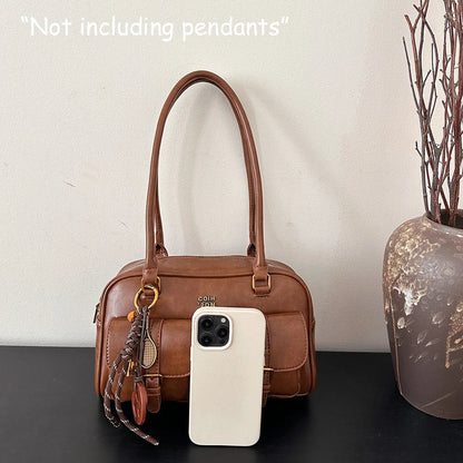 Women's Retro Solid Color Pu Leather Shoulder Bag with Multiple Pockets, Large Capacity, Exquisite and Fashionable Handbag