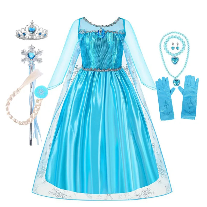 Frozen Elsa Princess For Girls Cosplay Costume Kids Mesh Snow Queen Carnival Birthday Party Dress Up Clothes 2-10Yrs Gown
