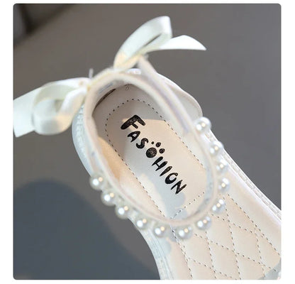 Children's Sandals Summer Bowtie Princess Shoes for Girls Fashion Sweet Kids Causal Pearl Roman Sandals Solid Color Hook Loop