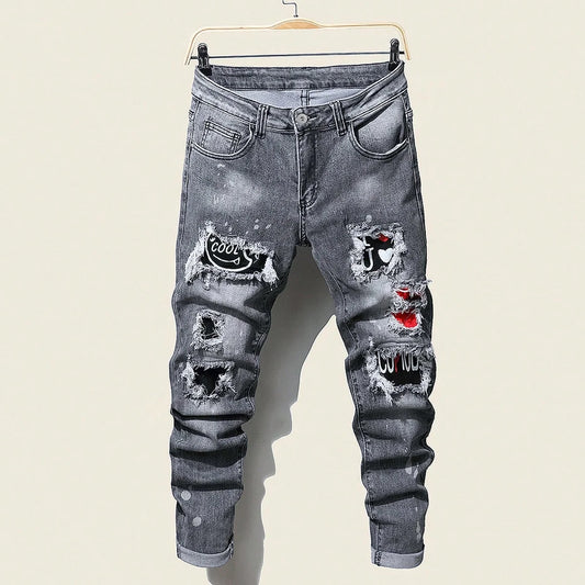 Men's Slim Stretchy Denim Jeans for Men Pants Tearing Patchwork Soft Cotton High Elastic Ripped Hole Casual Male Pants