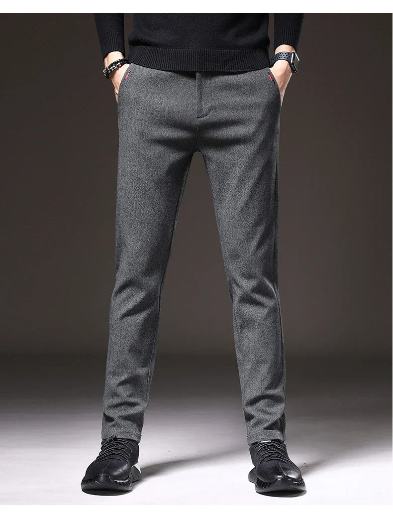 Autumn Winter Thick Men's Casual Pants Brushed Fabric Straight Slim Business Fashion Trousers Stretch Korean Male Clothing