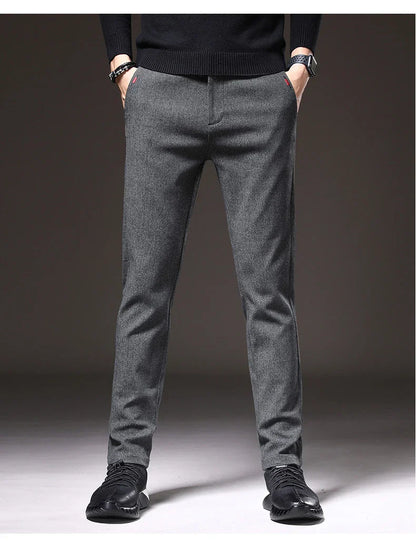 Autumn Winter Thick Men's Casual Pants Brushed Fabric Straight Slim Business Fashion Trousers Stretch Korean Male Clothing