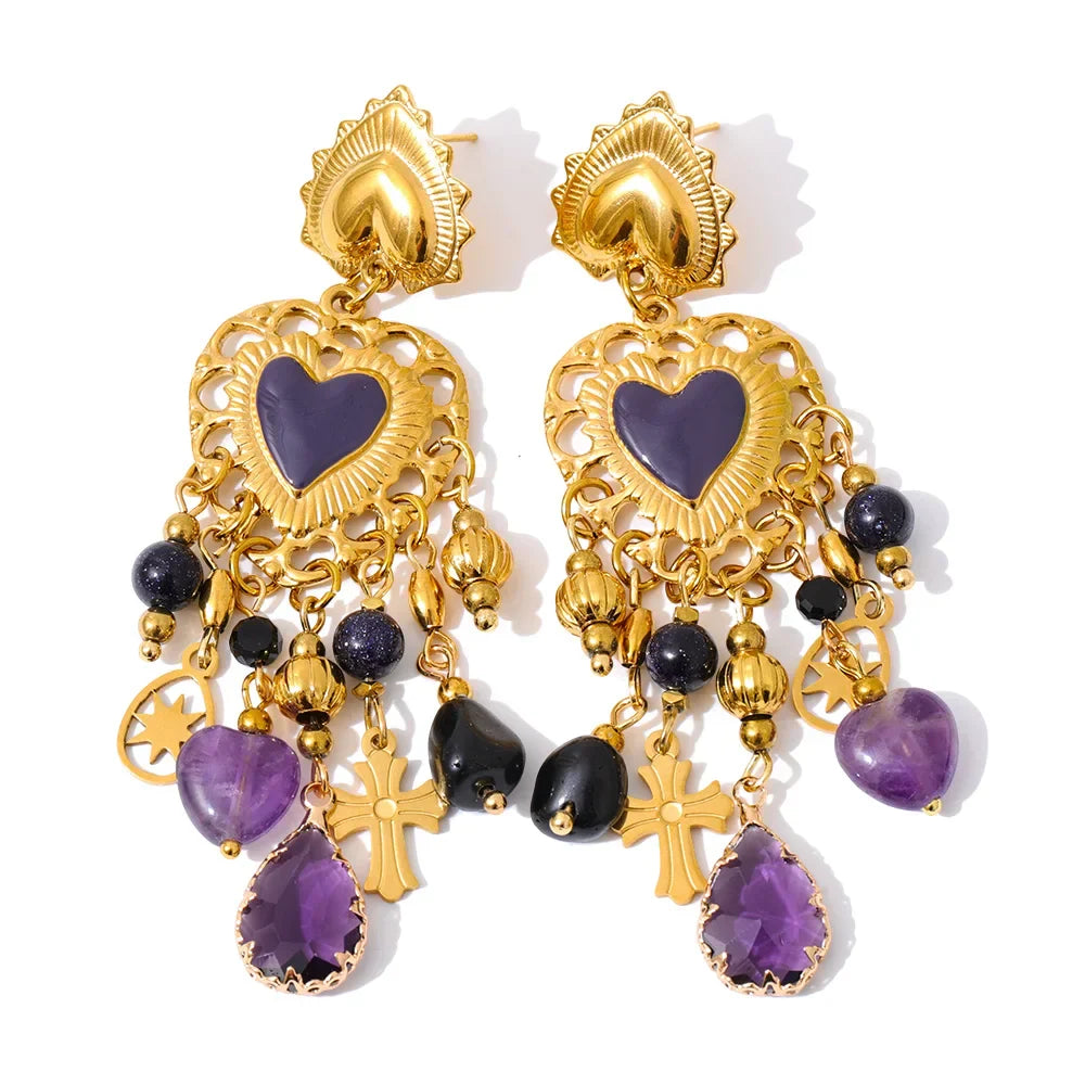 Vintage Stainless Steel Heart Cross Key Charm Pendant Drop Earrings Golden Plated Crystal Resin Stone Waterproof Jewelry