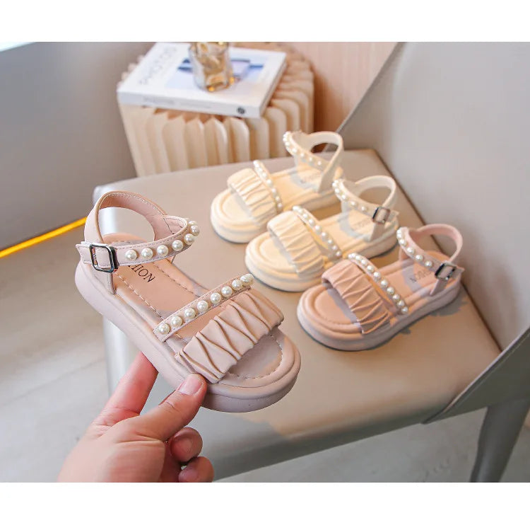 Girls Sandals Kids Summer Shoes Children's Beach Sandals with Pearls Princess Sweet Anti-slippery Open Toes Lace Chic Beading