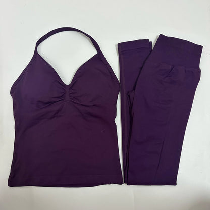 Set of 2 pieces of women's yoga mesh, sleeveless tops with open back, high-waisted gym suit, fitness clothing, yoga set