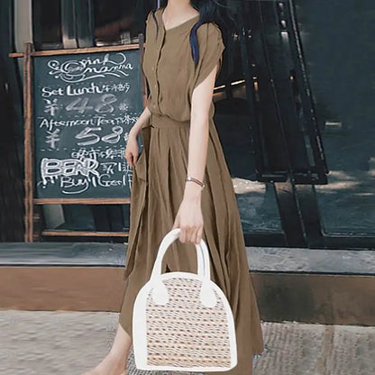 Women Fashion Short Sleeve Dress Summer Elegant Party Vestidos Casual Mid-calf Sundress Femme Vintage OL Robe Kaftan